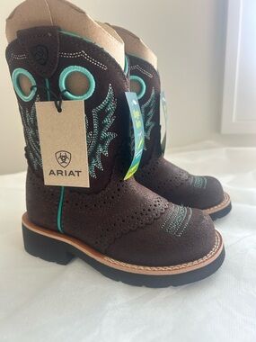 Ariat Kids' Brown Western Cowgirl Boots with Teal Stitching